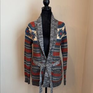 ROXY Aztec boho sweater cardigan with pockets Grey red navy sz Small